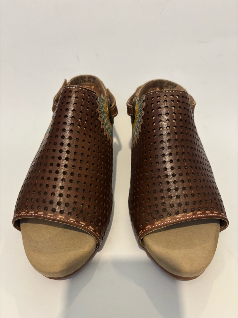 Brown Perforated Open-Toe Women’s Clogs with Embroidered Accent